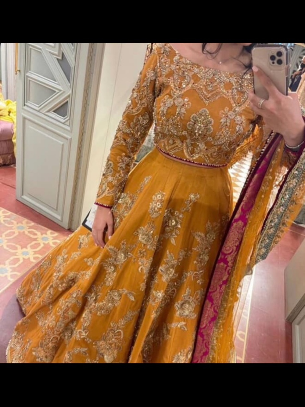 Embroidered Mustard Long Sleeve Evening Dress